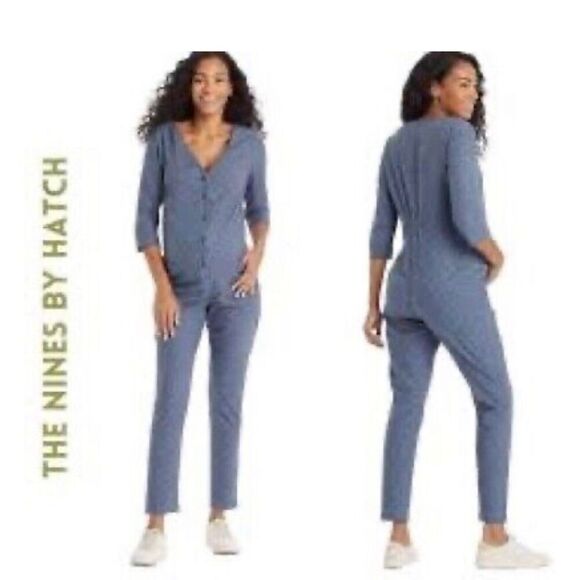 The Nines by HATCH 3/4 Sleeve Button-Front Maternity Jumpsuit Indigo Floral XS - Picture 2 of 9